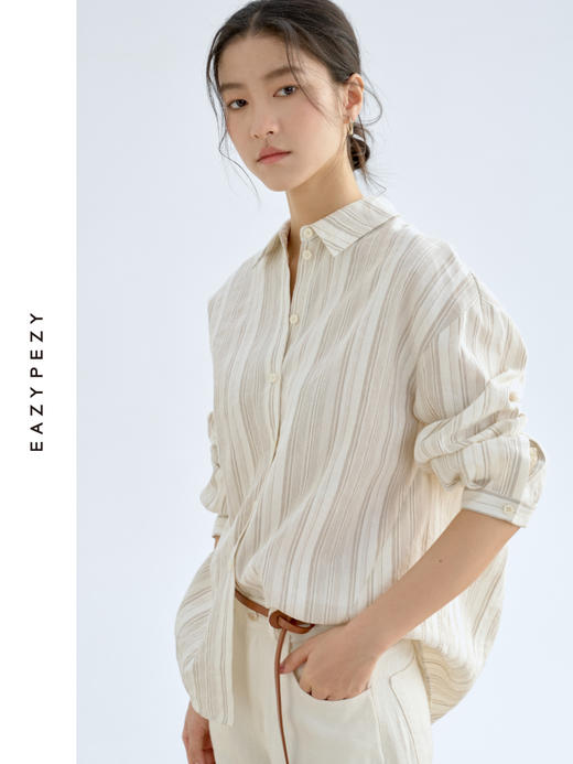 色织亚麻棉提花条纹衬衫套装 商品图1