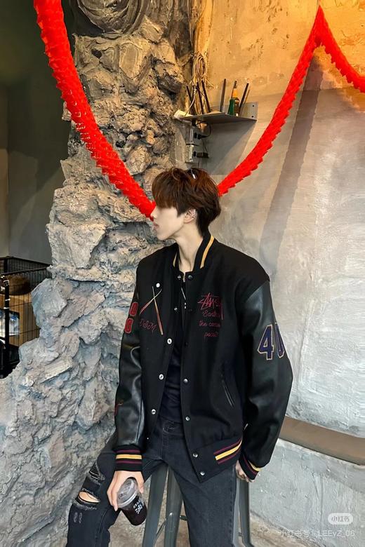 F031011黑8拼接皮袖薄款定织定染毛呢面料男女同款棒球服外套 商品图9