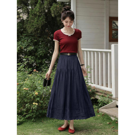 鹿向南「漾蓝胶片」复古气质牛仔蓝半身裙女夏季新款A字中长裙子 商品图2