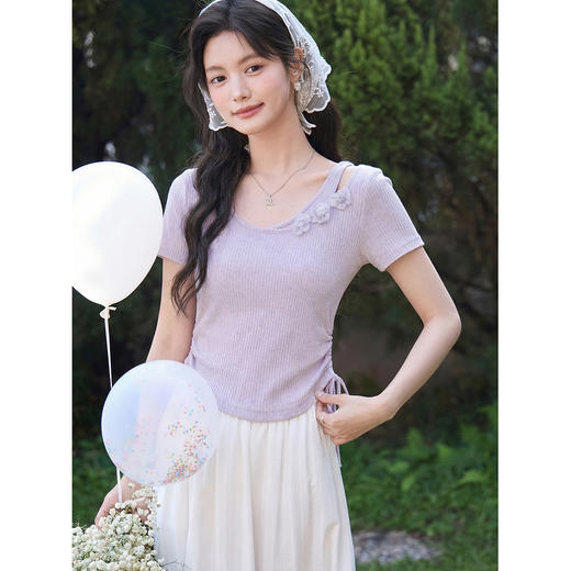 鹿向南「花间柔语」紫色短袖T恤女2026夏新款法式气质设计感上衣 商品图4