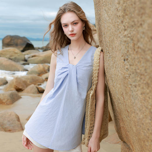 三彩2026夏季新款扭结小衫V领设计感无袖上衣宽松小清新M 商品图3