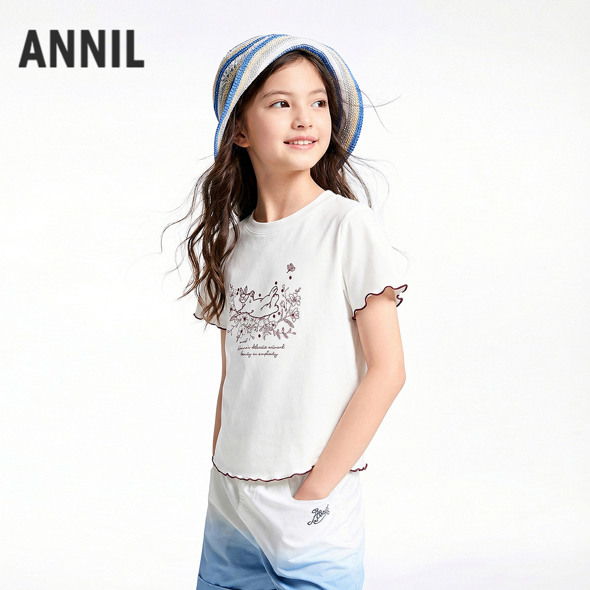 女童圆领短袖针织衫夏季新款安奈儿童装EG621762