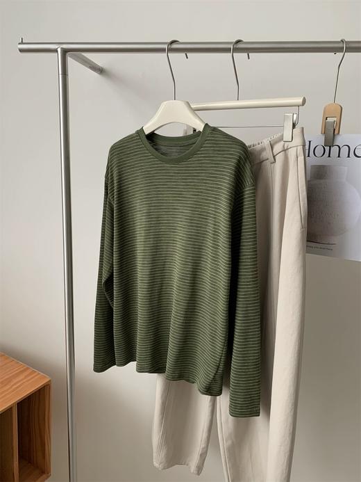 老米优品🎈3-5天。不费力的慵懒感！《🍃复古墨绿条纹宽松长袖tee》软糯垂坠，显瘦不挑人！T260310A 商品图5