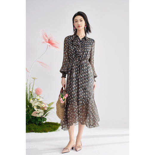 剩S/M/L 米思阳时尚印花拼接大摆裙秋装新款减龄荷叶边薄款连衣裙0549 商品图4