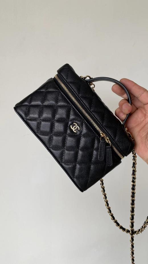 F031038斜纹丝绸混纺面料内里黑色香槟金扣链条手拎盒子包 商品图1