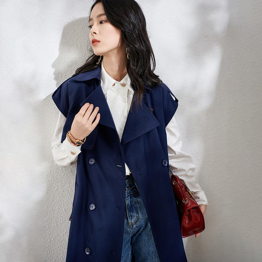 芳外春季新款时尚飒气无袖长款风衣女系带收腰街头风外套1466 商品图1