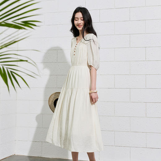 三彩2026夏季新款法式V领高腰中袖A字裙连衣裙大摆长裙简约S 商品图1