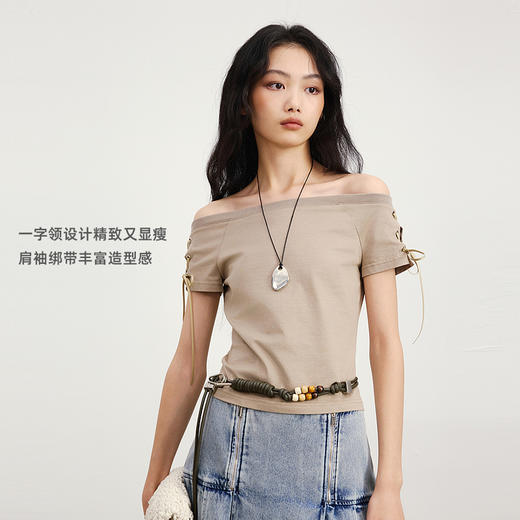 lost in echo2026春夏新款时髦一字肩绑带修身显瘦T恤短袖上衣 商品图1