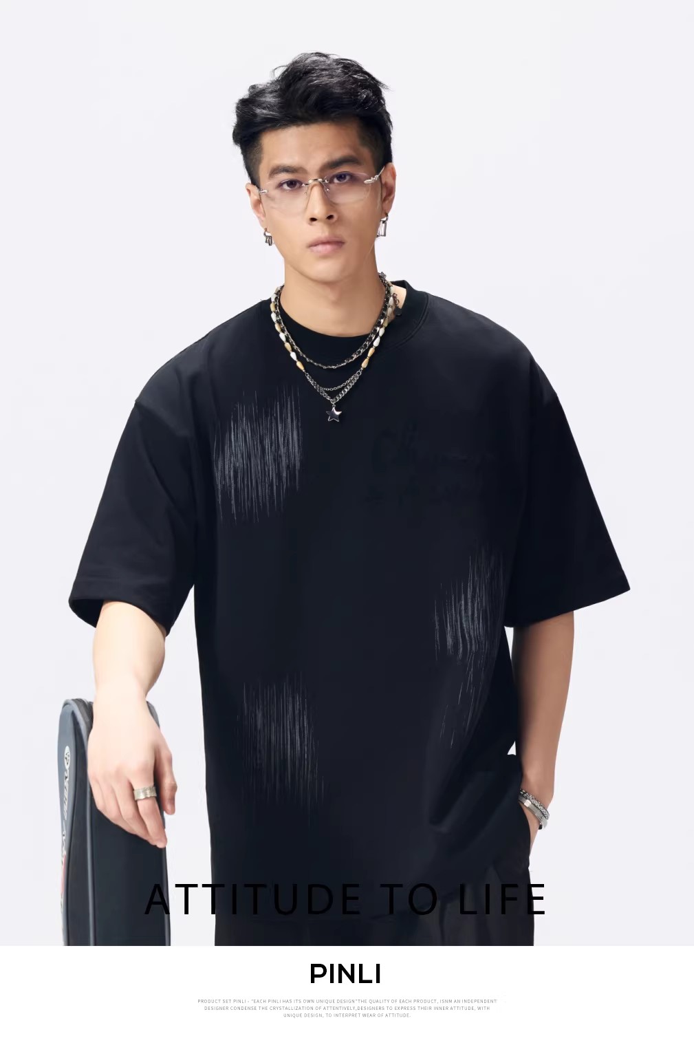 PINLI品立2026夏季新款男士宽松圆领十字架激光烧花短袖T恤上衣潮GD262111017