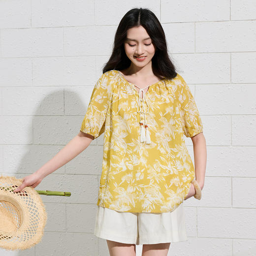 【莱赛尔】三彩2026夏季新款流苏系带V领小衫印花衬衣短袖上衣S 商品图3