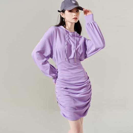 剩S/M/L/XL 芳外新款气质收腰显瘦包臀裙抽绳连帽褶皱针织连衣裙8I24AL0111 商品图2