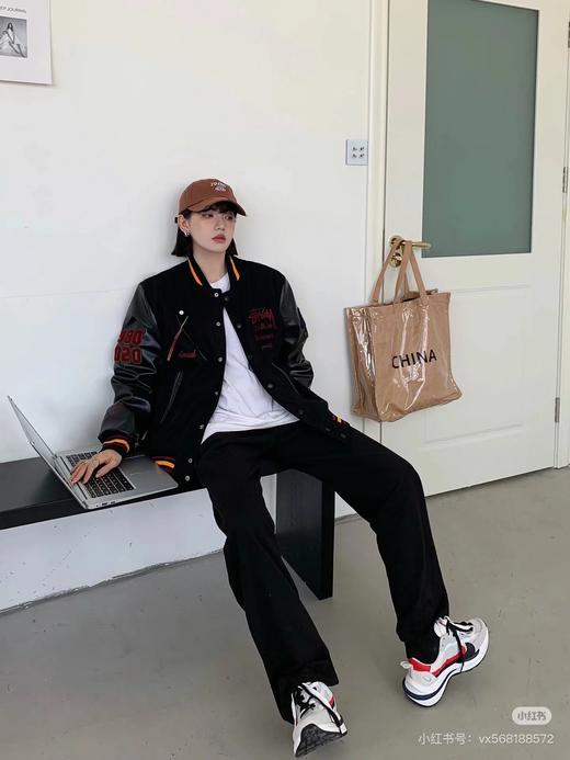 F031011黑8拼接皮袖薄款定织定染毛呢面料男女同款棒球服外套 商品图2