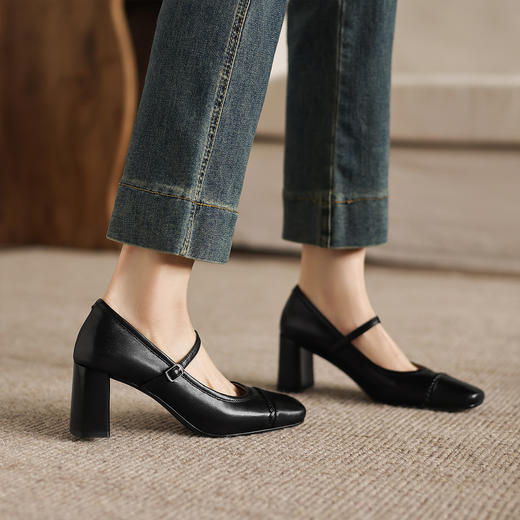 阿么手工女鞋真皮高跟一字带单鞋浅口女复古高级感玛丽珍鞋6.5CM 商品图2