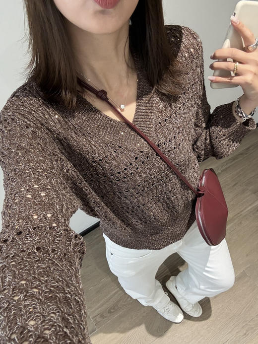 自留款。太好看了～轻奢华高质感穿❗️定制系列！春夏亚麻混纺BC风V领镂空衫年针织罩衫（售后时间：签收3天内，不合适及时申请） 商品图11