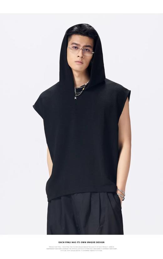PINLI品立2026夏季新款宽松连帽无袖T恤纯色上衣男潮GD262111011 商品图5