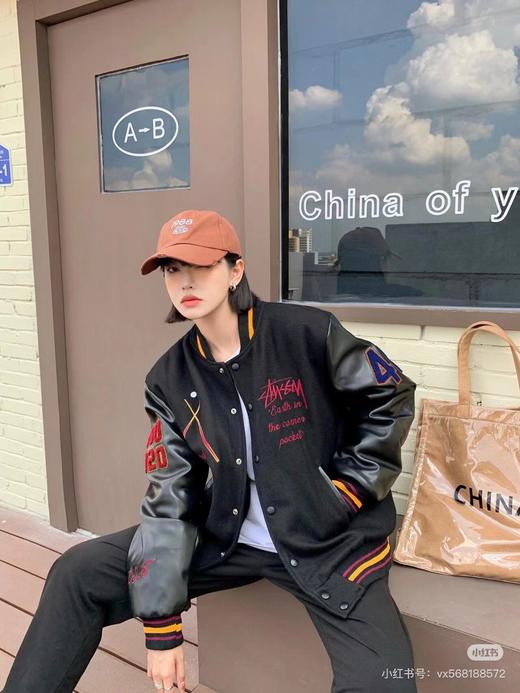 F031011黑8拼接皮袖薄款定织定染毛呢面料男女同款棒球服外套 商品图1