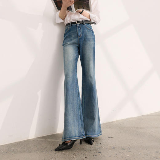 三彩2026夏季新款休闲牛仔裤高腰长裤简约复古水洗喇叭裤微喇裤M 商品图2