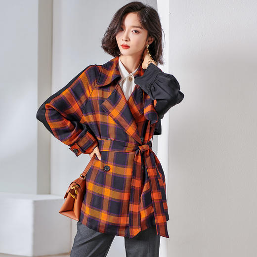 剩M/L/XL/XXL 拼接撞色格子收腰系带风衣【69.9%聚酯纤维/橙色】 商品图1