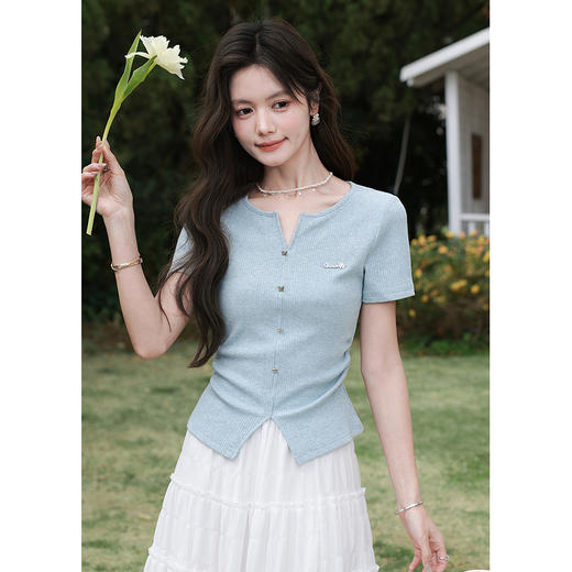 鹿向南「竹蓝清雅」法式蓝色短袖T恤女夏季新款修身显瘦正肩上衣 商品图3