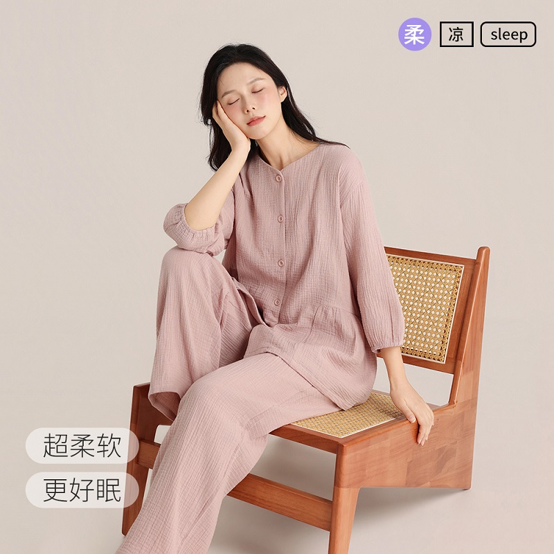 100%棉  新疆棉春季男女双层绉布圆领纯色开衫套装  A-5941