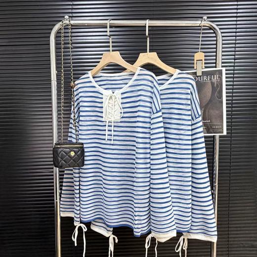 F031004清新蔚蓝色~2026早春度假条纹针织衫宽松透气防晒罩衫航海风长袖上衣 商品图0
