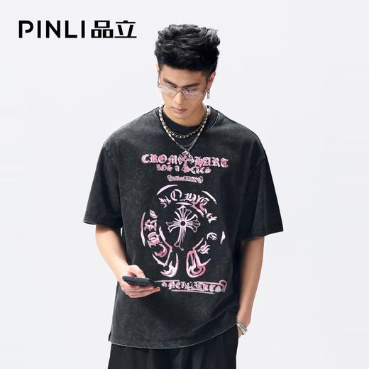 PINLI品立2026夏季新款男士圆领落肩字母印花短袖T恤上衣青年潮牌BG262111020 商品图3