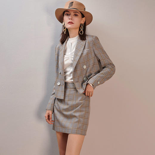 剩S/M/L 芳外春季新款小个子时尚套装气质格子短裙短西服两件套女0332 商品图2