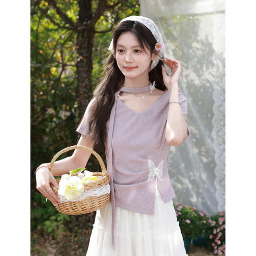 鹿向南「蝶影翩翩」紫色短袖T恤女夏2026法式设计感收腰显瘦上衣 商品图1