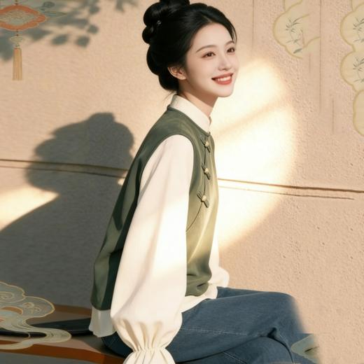 【春季新款新中式上衣】爆款时尚洋气 小个子韩系慵懒风 假两件绿色新中式卫衣 商品图0