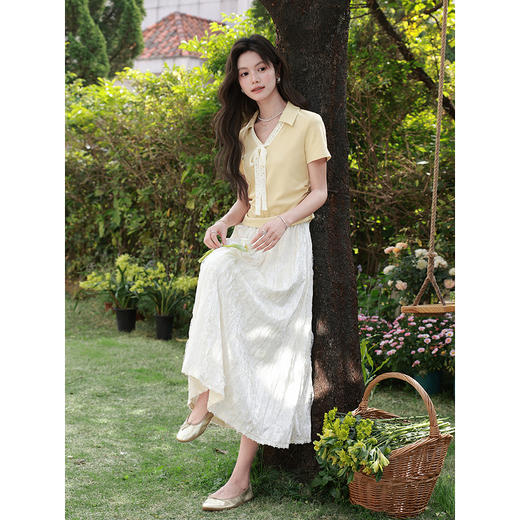 鹿向南「浅麦杏语」V领收腰显瘦T恤夏季新款温柔百搭短袖上衣女 商品图4