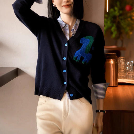 奇妙小马~100%纯山羊绒开衫女重工提花撞色毛衣针织衫CYR260576 商品图3