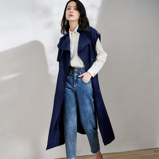 芳外春季新款时尚飒气无袖长款风衣女系带收腰街头风外套1466 商品图2