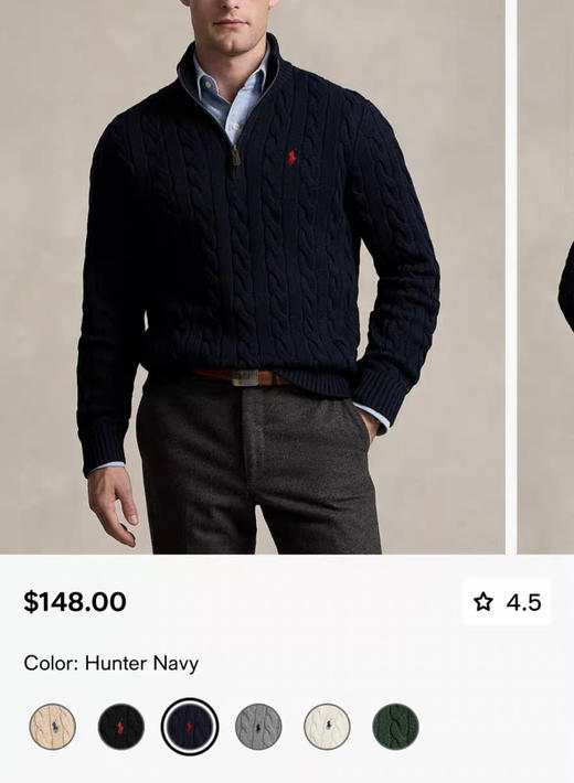 【秒杀价已调 直接拍】原单 Polo Ralph Lauren 男士半拉链绞花针织毛衣 美式复古的温暖质感 商品图9