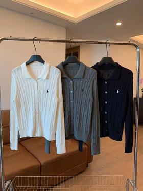 F031049早春POLO翻领绞花编织针织纽扣开衫外套