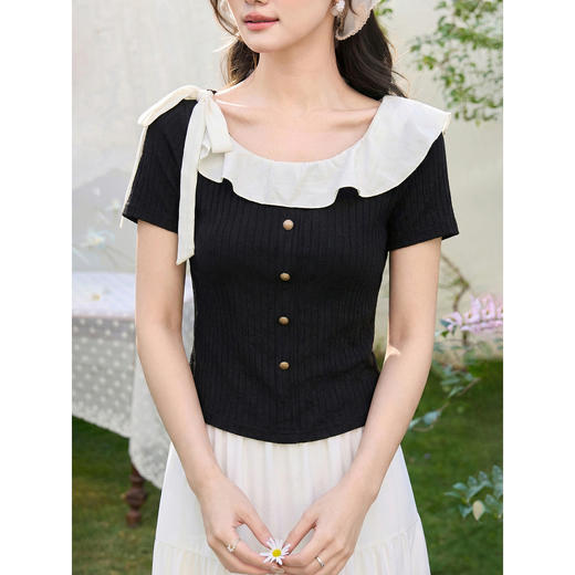 鹿向南「黑巧甜心」黑色短袖T恤女春新款时尚拼接设计感修身上衣 商品图2