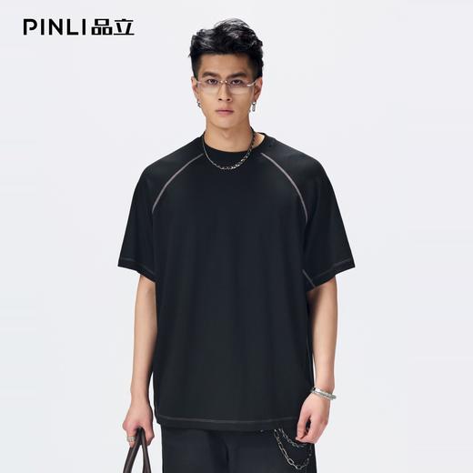 PINLI品立2026夏季新款男线条纯色打底上衣宽松圆领连肩袖短袖T恤GD262111027 商品图2