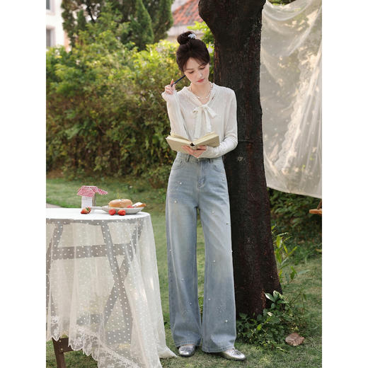 鹿向南「复古絮语」蓝色牛仔裤春季新款时尚百搭设计感直筒长裤女 商品图4