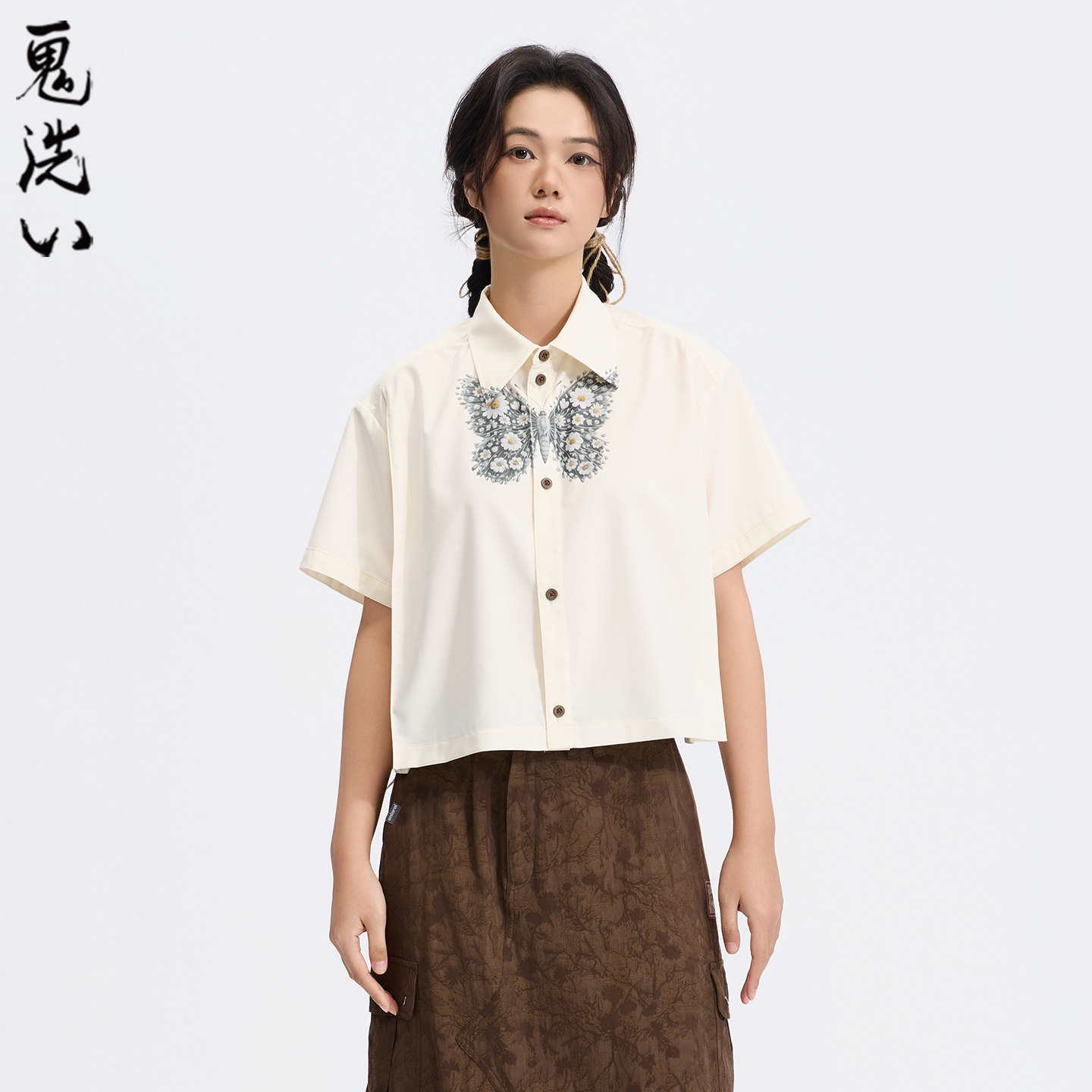 ONIARAI/鬼洗26春夏新黑标石器时代蝴蝶前褶休闲半截衬衫 A740006