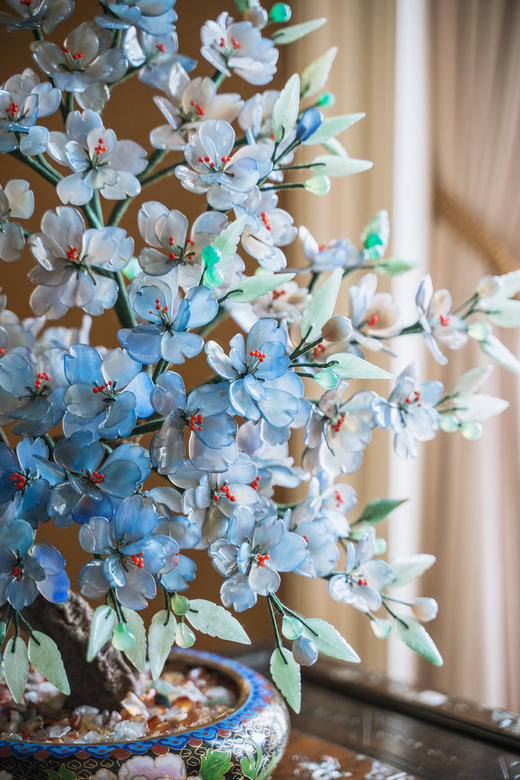 独角鹿西洋古董中国出品宝相花纹景泰蓝盆装饰「蓝韵碧桃」珍宝像生盆景 商品图5