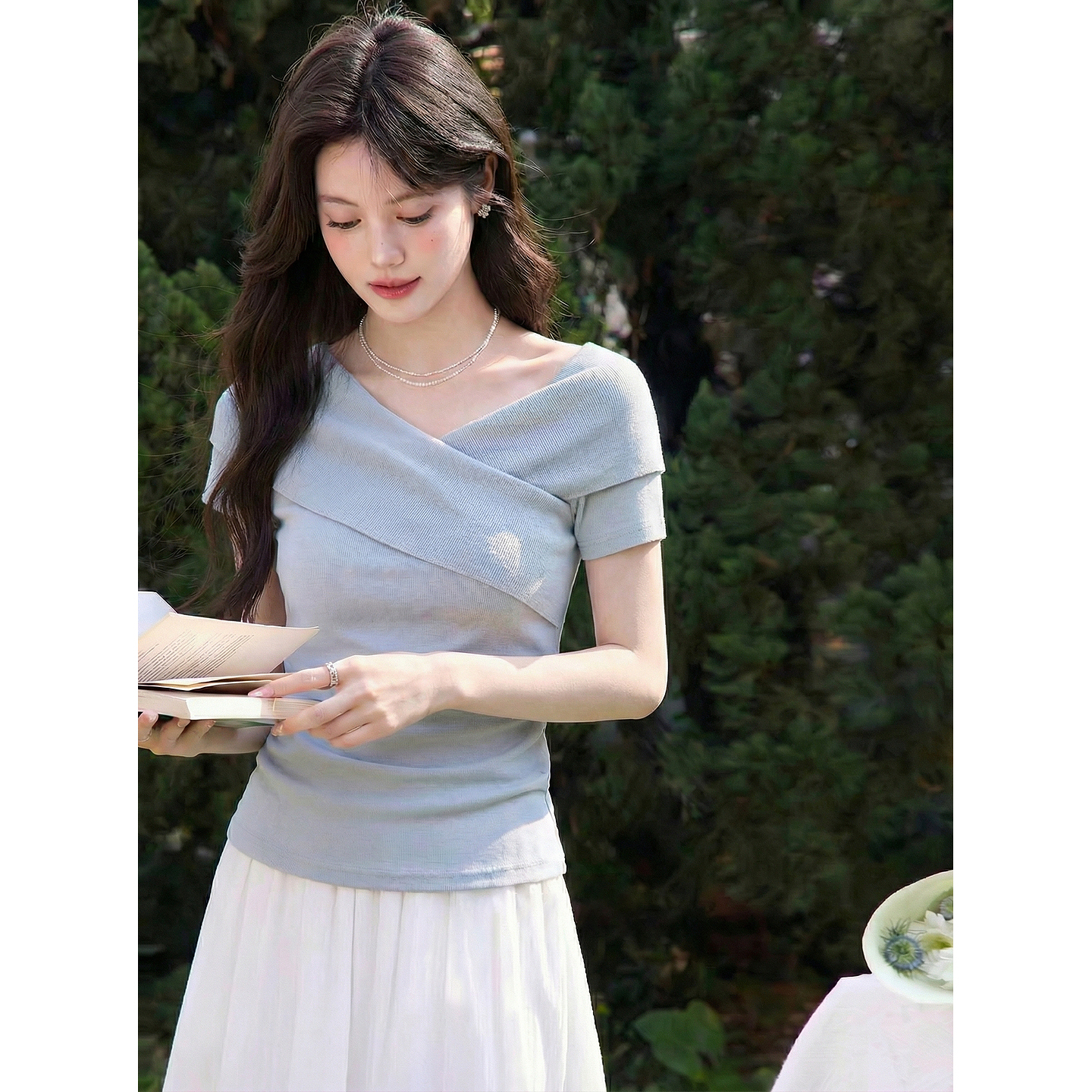 鹿向南「瓦尔登湖」法式温柔风浅蓝色短袖T恤女夏季气质显瘦上衣