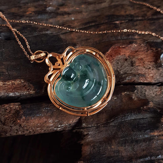 【天然正品】A货翡翠AU750黄金镶钻镶天然细腻冰种飘蓝花如意（万事如意）翡翠吊坠项链32.8*24.3*11.2MM（皆取最大值）120226NJT20 商品图6