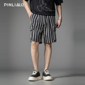 PINLI品立2026春季新款男士宽松多口袋条纹工装休闲短裤五分裤潮B262117023