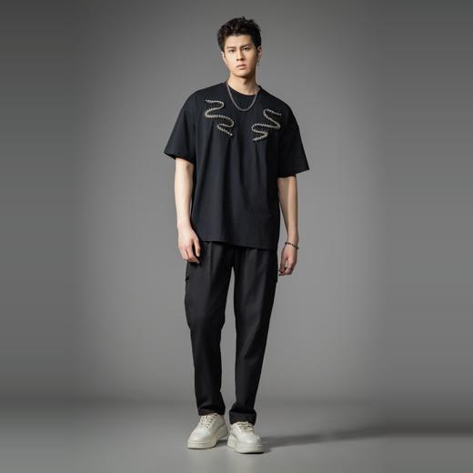 PINLI品立2026春季新款男士潮牌宽松圆领贴车织带休闲短袖T恤上衣B262111020 商品图4