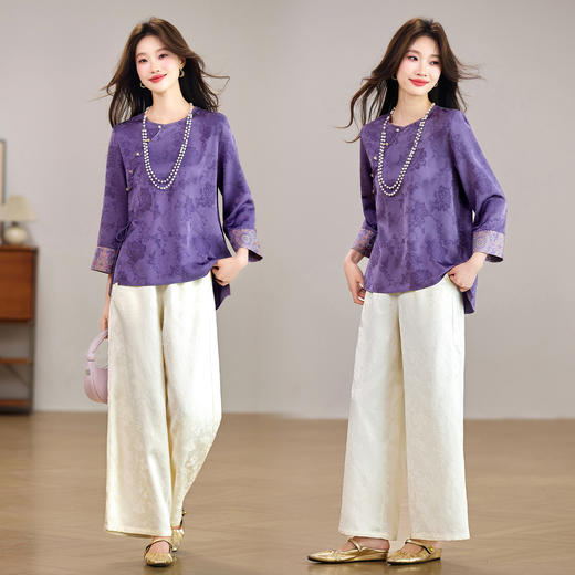 春季新款新中式洋气套装百搭款圆领上衣裤子两件套装HR-YBER657 商品图0