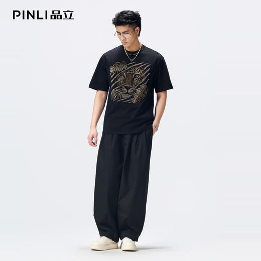 PINLI品立2026夏季新款男老虎烫钻圆领落肩袖短袖T恤上衣青年体恤BG262111024 商品图1