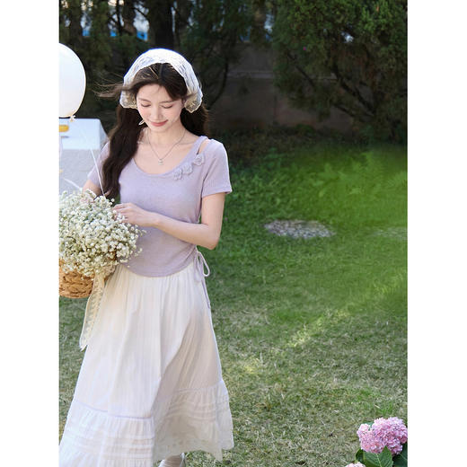 鹿向南「花间柔语」紫色短袖T恤女2026夏新款法式气质设计感上衣 商品图3