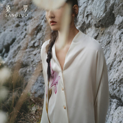 东方鸢尾』桑罗中式V领睡衣套装桑蚕丝女长袖家居服外穿 商品图1