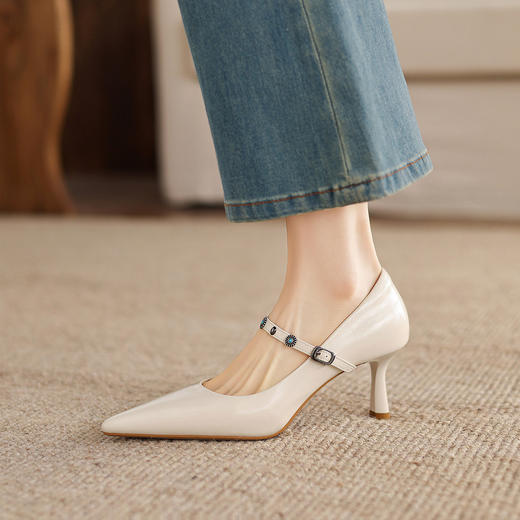 阿么手工女鞋法式细跟一字带尖头高跟鞋6.5CM春季新款浅口单鞋女 商品图2