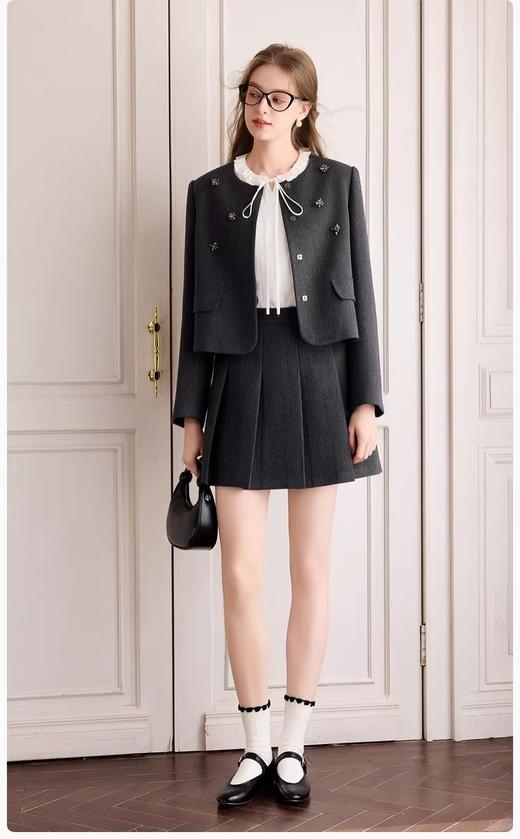 香y同款小香风miu系灰色毛呢外套/短裙/衬衫三件套 商品图0