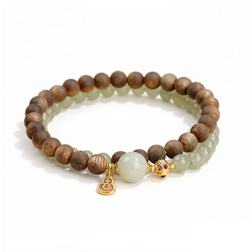 福禄凝玉天然棋楠沉香和田玉双圈手串 商品图1